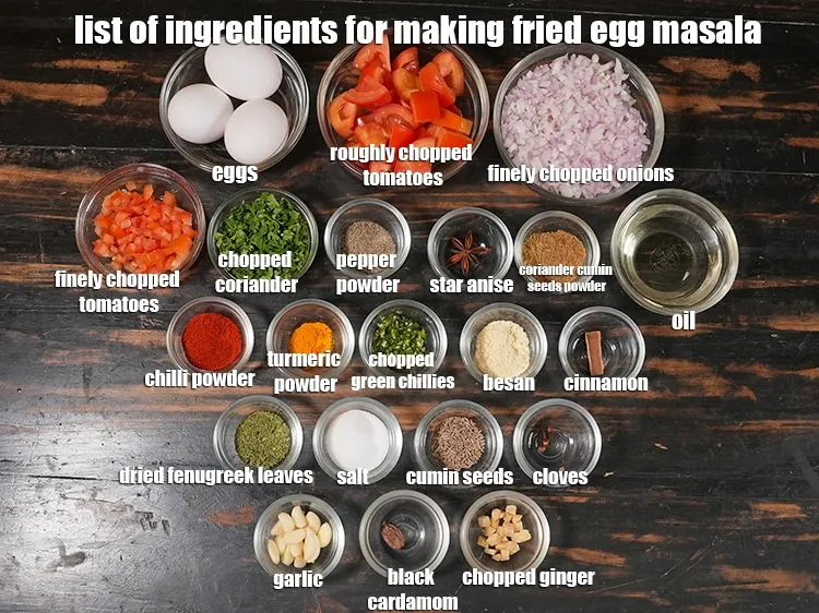 Step 2 – <u><em>See the below image of list of ingredients for making fried egg masala.</em></u>