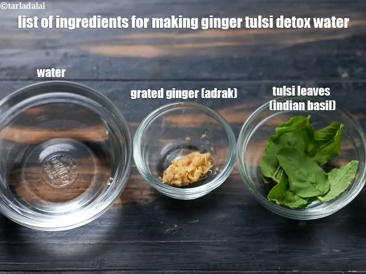 Step 2 – <u><em>See the below image of list of ingredients for making ginger tulsi detox water.</em></u>
