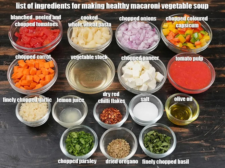 Step 2 – <u><em>See the below image of list of ingredients for making healthy macaroni vegetable soup.</em></u>