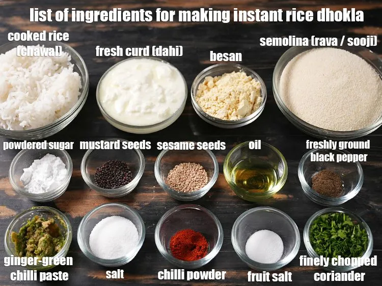 स्टेप 2 – <em><u>झटपट&nbsp;</u></em><u><em>चावल ढोकला बनाने के लिए सामग्री की सूची की नीचे …