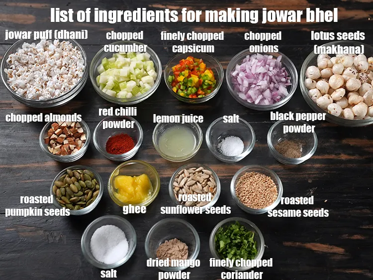 Step 2 – <u><em>See the below image of list of ingredients for making jowar bhel.</em></u>