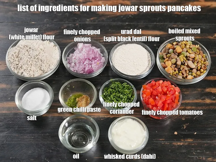 Step 2 – <u><em>See the below image of list of ingredients for making jowar sprouts pancakes.</em></u>