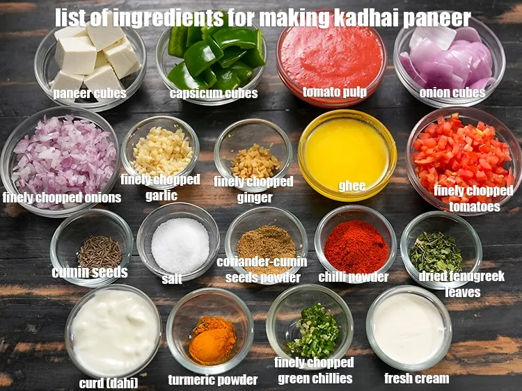 Step 3 – <u><em>See the below image of list of ingredients for making <strong>kadhai paneer.</strong></em></u>