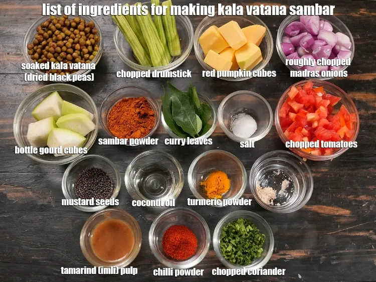 Step 2 – <u><em>See the below image of list of ingredients for making kala vatana sambar.</em></u>