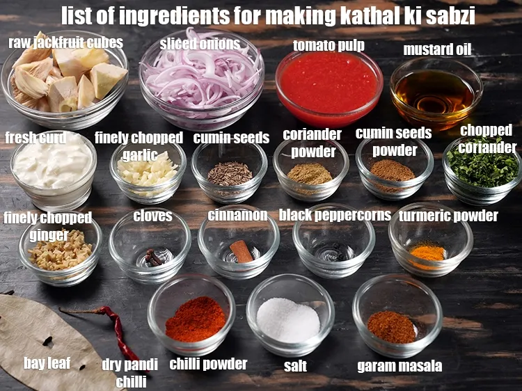 Step 2 – <em><u>See the below image of list of ingredients for making kathal ki sabzi.</u></em>