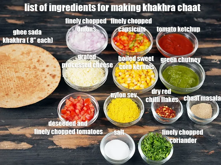 Step 2 – <u><em>See the below image of list of ingredients for making khakra chaat.</em></u>