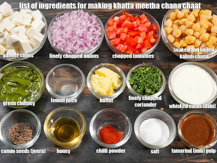 Step 2 – <u><em>See the below image of list of ingredients for making khatta meetha chana chaat.</em></u>
