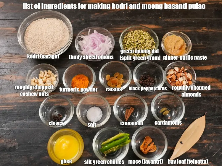 स्टेप 2 – <u><em>कोदरी और मूंग बसंती पुलाव बनाने के लिए सामग्री की …