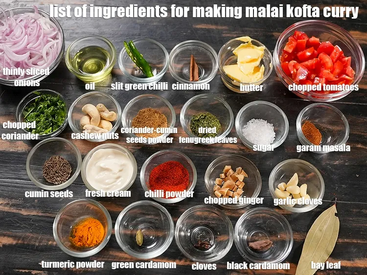 Step 3 – <u><em>See the below image of list of ingredients for making <strong>malai kofta curry</strong>.</em></u>