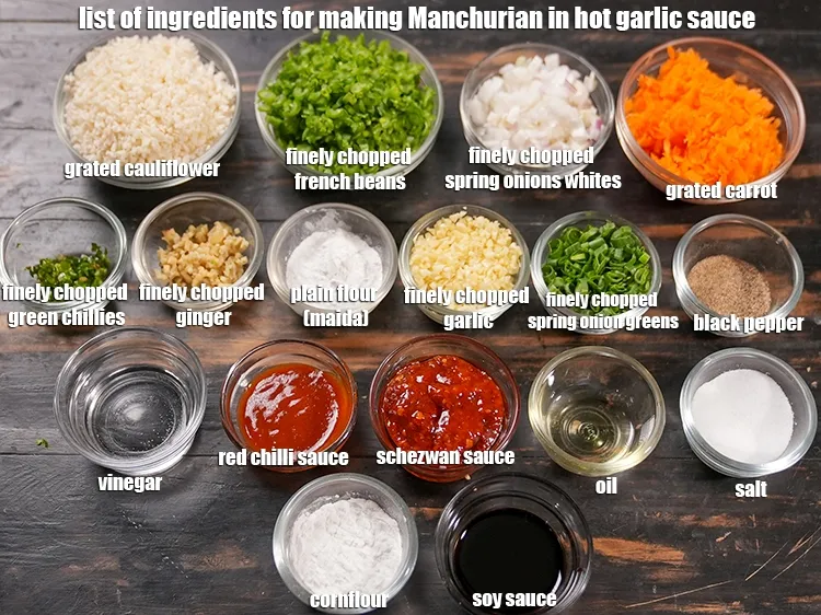 Step 2 – <u><em>See the below image of list of ingredients for making Manchurian in hot garlic sauce.</em></u>