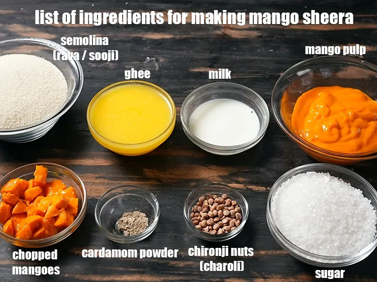 स्टेप 2 – <u><em><strong>मैंगो शीरा&nbsp;</strong>बनाने के लिए सामग्री की सूची के लिए नीचे …