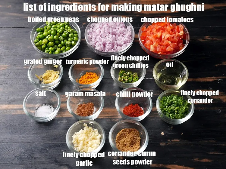 Step 2 – <u><em>See the below image of list of ingredients for making matar ghughni.</em></u>