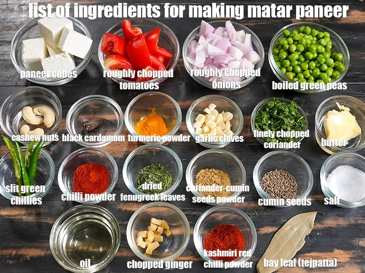 Step 2 – <u><em>See the below image of list of ingredients for making matar paneer.</em></u>