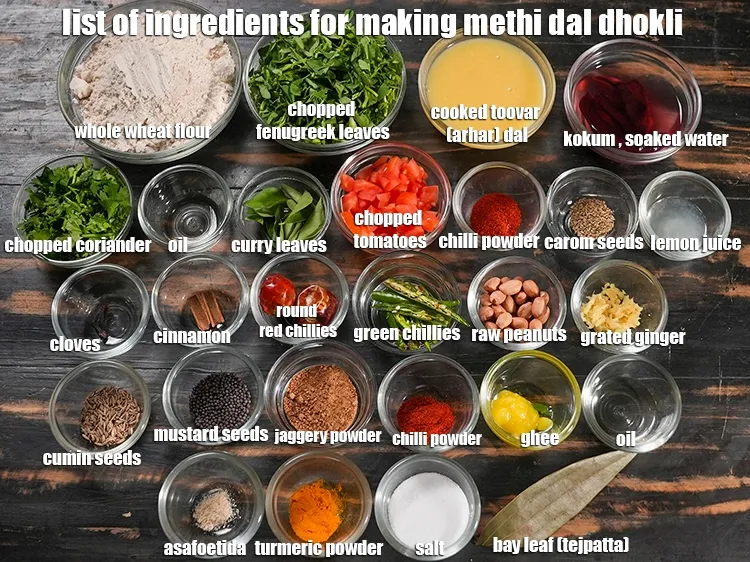 Step 2 – <em><u>See the below image of list of ingredients for making methi dal dhokli.</u></em>