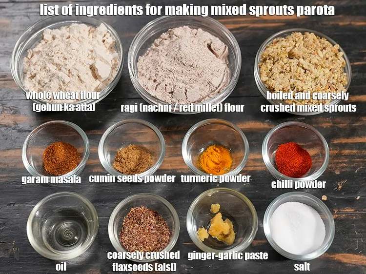 Step 2 – <u><em>See the below image of list of ingredients for making mixed sprouts parota.</em></u>
