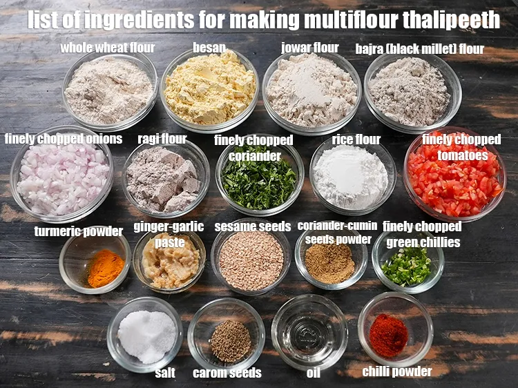 Step 2 – <u><em>See the below image of list of ingredients for making multiflour thalipeeth.</em></u>