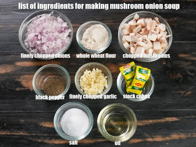 Step 2 – <u><em>See the below image of list of ingredients for making mushroom onion soup.</em></u>