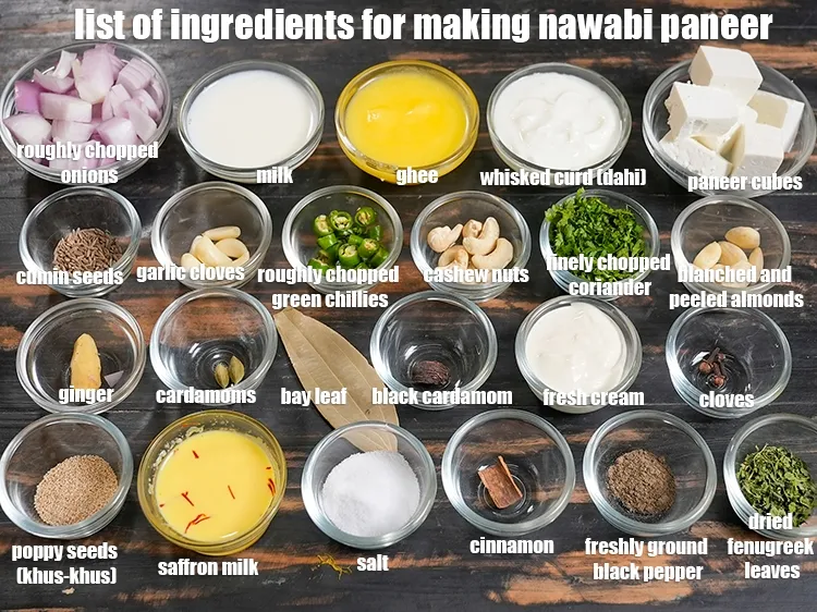Step 2 – <u><em>See the below image of list of ingredients for making nawabi paneer.</em></u>