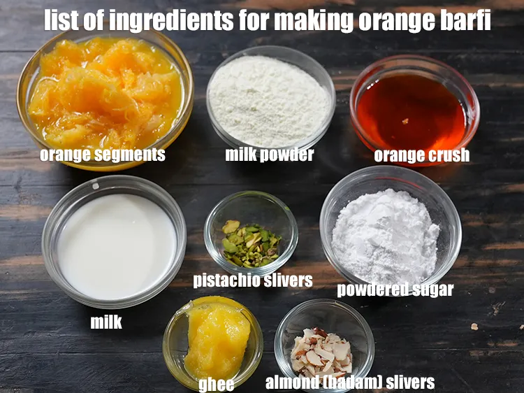Step 2 – <u><em>See the below image of list of ingredients for making orange barfi.</em></u>