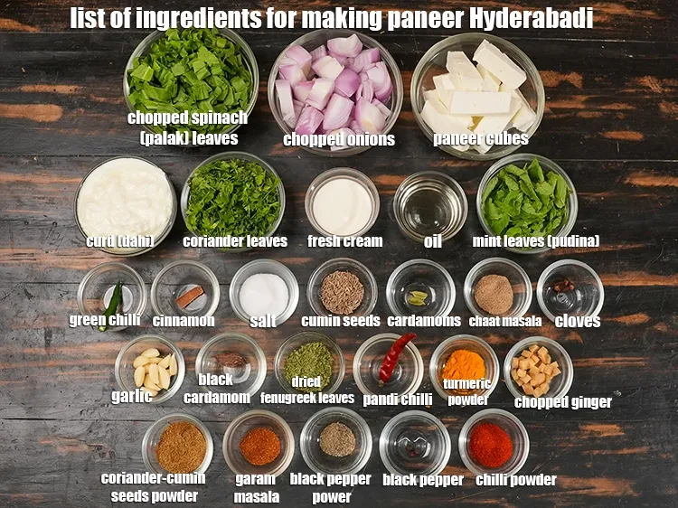Step 2 – <em><u>See the below image of list of ingredients for making paneer Hyderabadi recipe.</u></em>