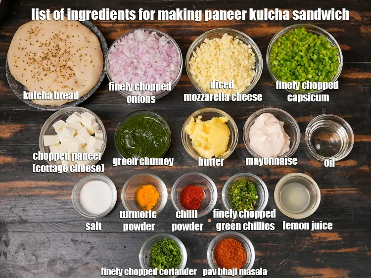Step 2 – <u><em>See the below image of list of ingredients for making paneer kulcha sandwich recipe.</em></u><br /> …