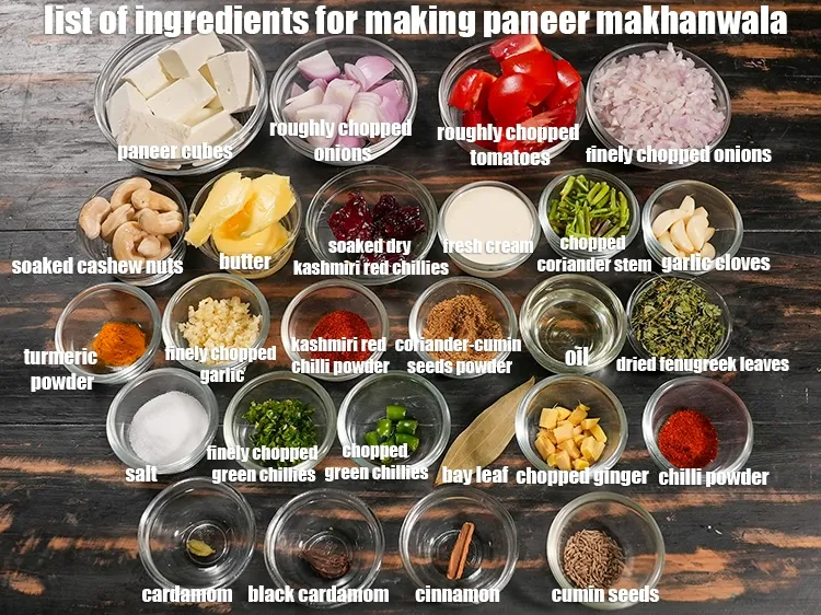 Step 2 – <u><em>See the below image of list of ingredients for making paneer makhanwala.</em></u>