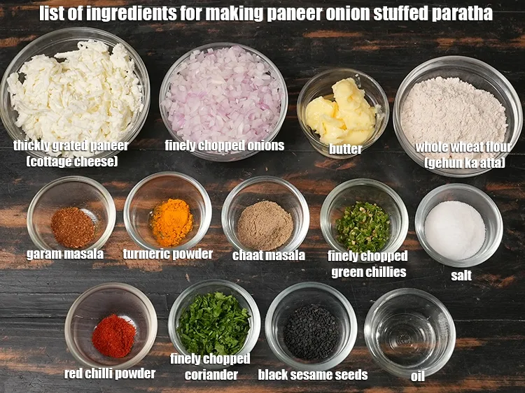 Step 2 – <u><em>See the below image of list of ingredients for making paneer onion stuffed paratha.</em></u>