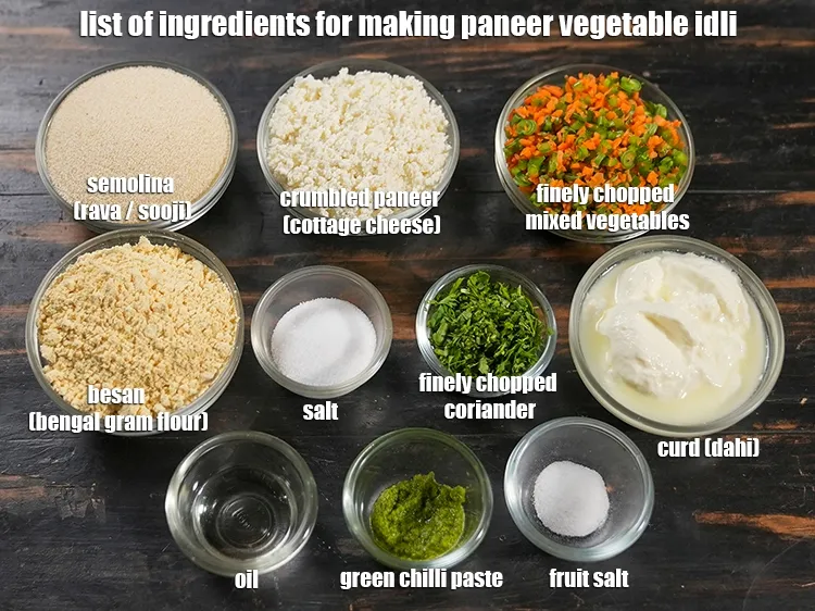 Step 2 – <u><em>See the below image of list of ingredients for making paneer vegetable idli recipe.</em></u>