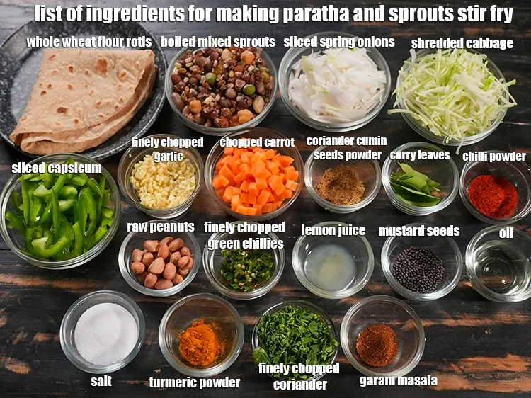 Step 2 – <u><em>See the below image of list of ingredients for making paratha and sprouts stir fry.</em></u>