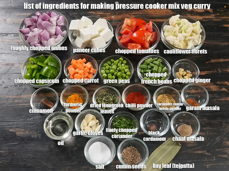 Step 2 – <u><em>See the below image of list of ingredients for making pressure cooker mix veg curry.</em></u>