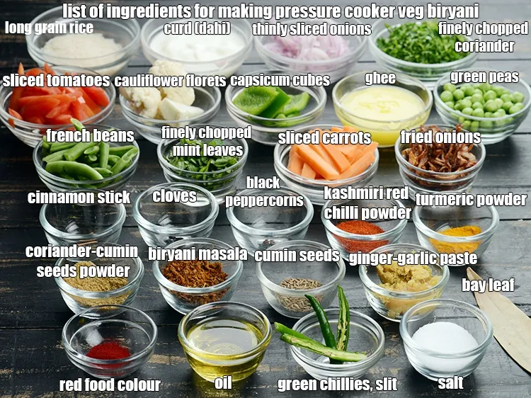 Step 2 – See the below image of list of ingredients for making pressure cooker veg biryani.