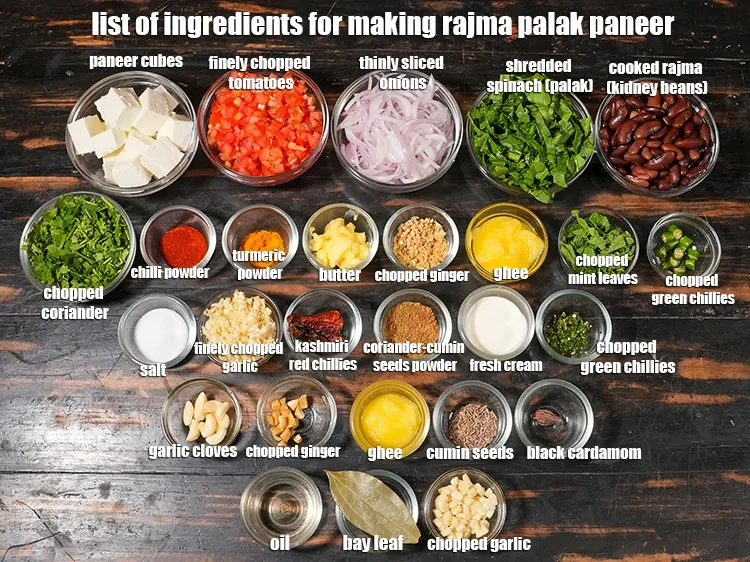 Step 2 – <u><em>See the below image of list of ingredients for making rajma palak paneer recipe.</em></u>