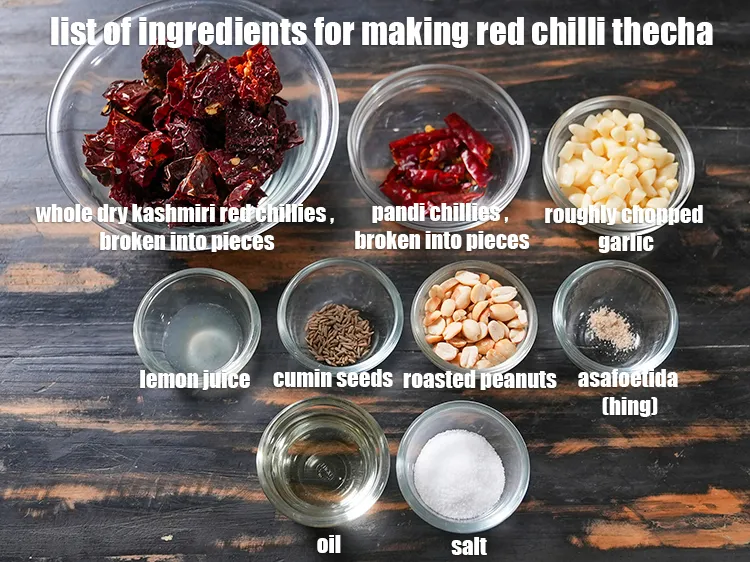 Step 2 – <u><em>See the below image of list of ingredients for making red chilli thecha recipe.</em></u>