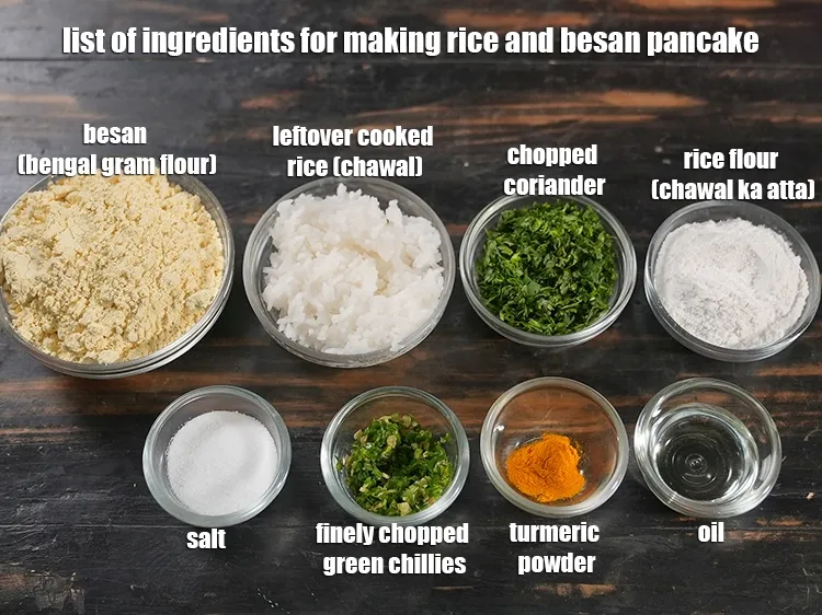 Step 2 – <u><em>See the below image of list of ingredients for making rice and besan pancake.</em></u>
