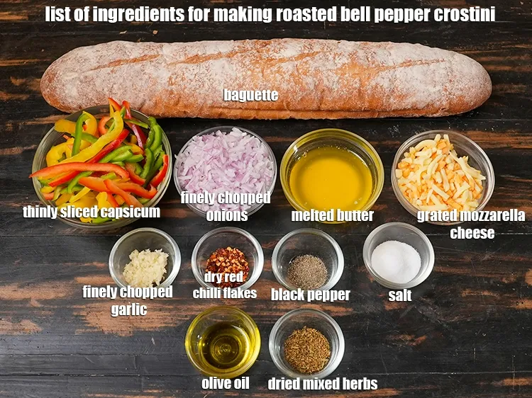 Step 2 – <u><em>See the below image of list of ingredients for making roasted bell pepper crostini recipe.</em></u>