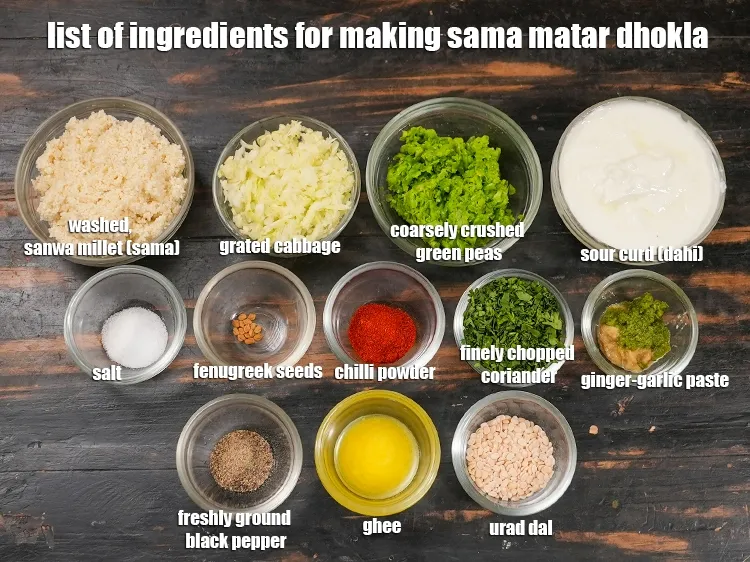 Step 2 – <u><em>See the below image of list of ingredients for making sama matar dhokla.</em></u>