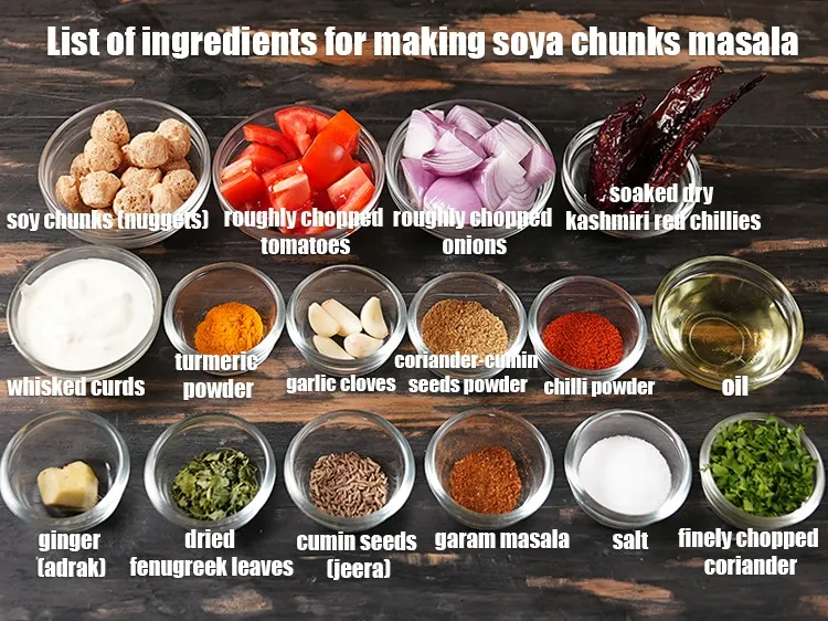 Step 2 – <u><em>See the below image of list of ingredients for making <strong>soya chunks masala.</strong></em></u>