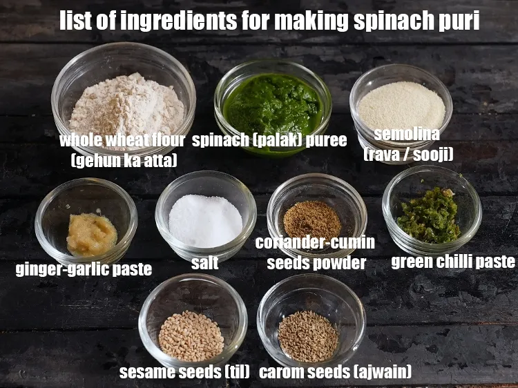 Step 2 – <u><em>See the below image of list of ingredients for making spinach puri.&nbsp;</em></u>
