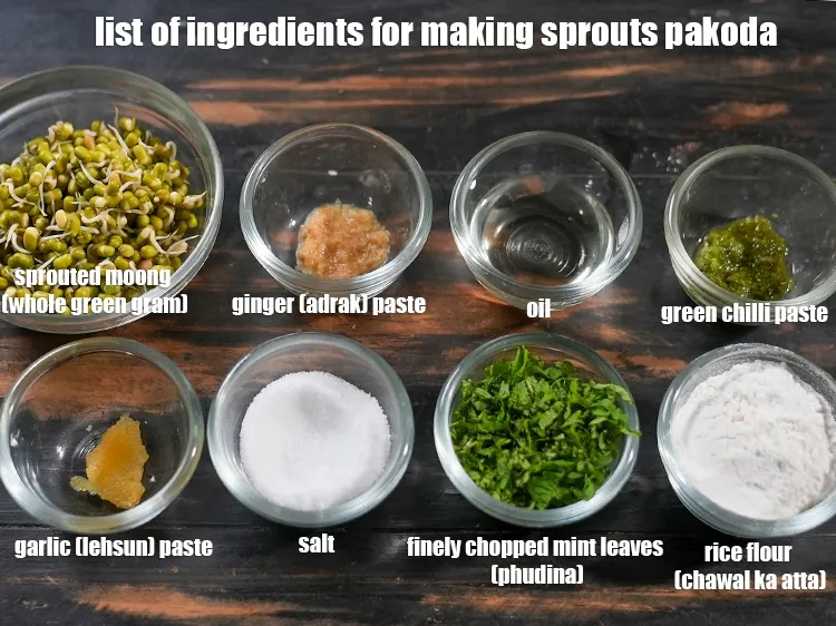 Step 2 – <u><em>See the below image of list of ingredients for making sprouts pakoda.</em></u>