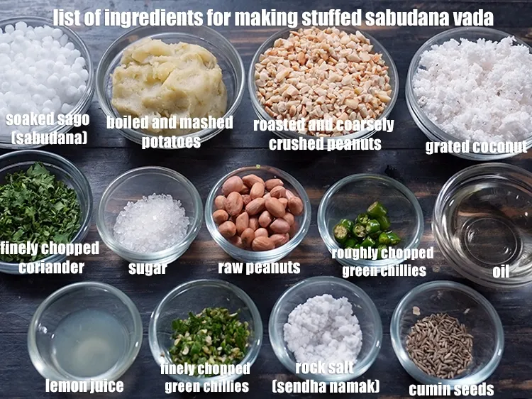 Step 2 – <u><em>See the below image of list of ingredients for making stuffed sabudana vada.</em></u>