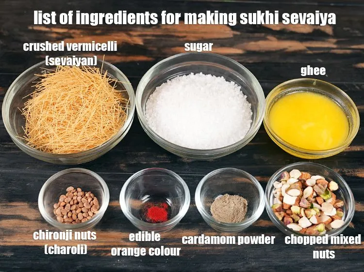 Step 2 – <u><em>See the below image of list of ingredients for making sukhi sevaiya.</em></u>