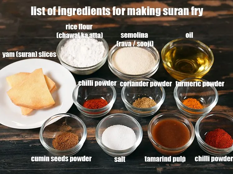 Step 2 – <u><em>See the below image of list of ingredients for making suran fry.</em></u>