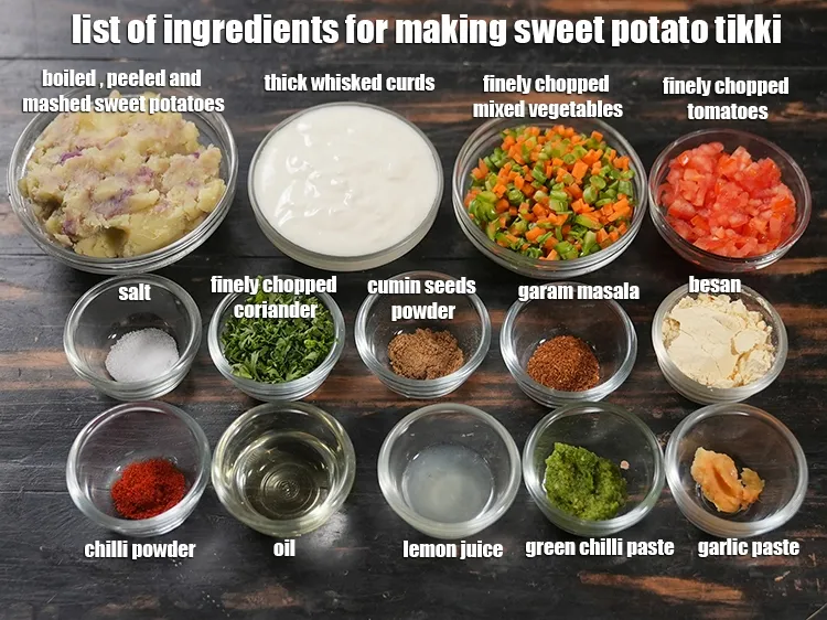 Step 2 – <u><em>See the below image of list of ingredients for making sweet potato tikki.</em></u>