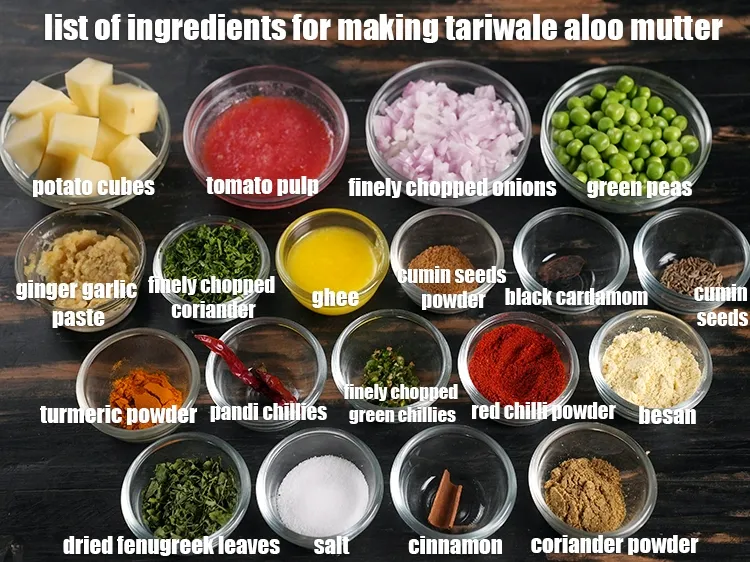 Step 2 – <u><em>See the below image of list of ingredients for making tariwale aloo mutter.</em></u>