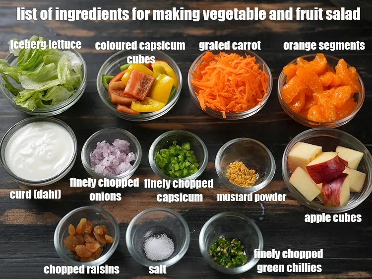 स्टेप 2 – <u><em>वेजिटेबल एण्ड फ्रूट सलाद बनाने के लिए सामग्री की सूची …