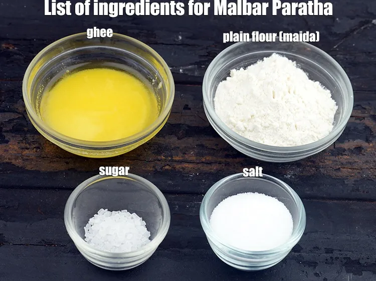 Step 3 – <strong>For Malbar Paratha</strong> 2 cups plain flour (maida), 2 tbsp ghee, 1 tsp sugar, salt …