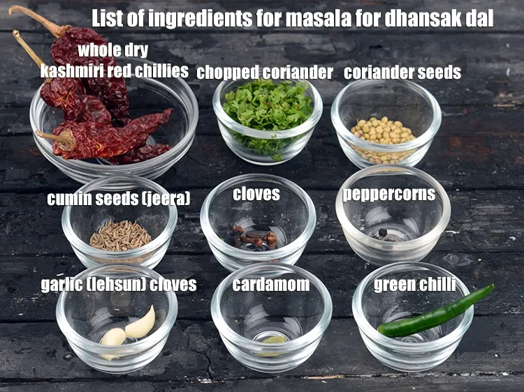 Step 3 – <strong>Masala for dhansak dal</strong>: 4 garlic (lehsun) cloves, 3 whole kashmiri dry red chillies, 1 …