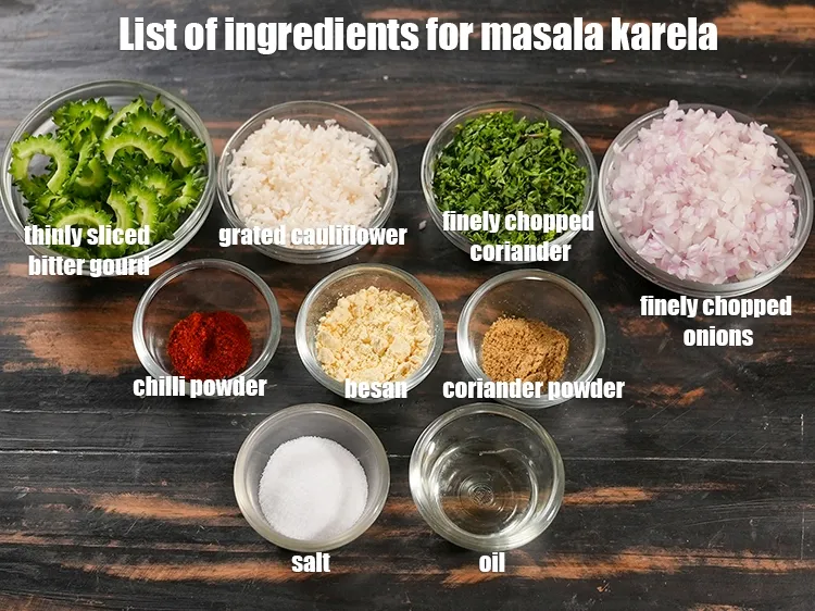 Step 2 – <u><em>See the below image of list of ingredients for making masala karela sabzi.</em></u>