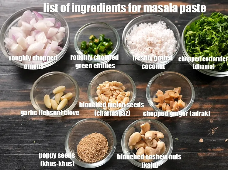 Step 2 – <u><em>See the below image of list of ingredients for making <strong>masala paste.</strong></em></u>