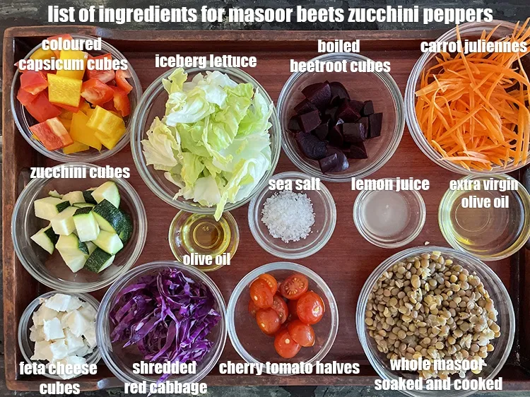 Step 2 – <strong>what is masoor beets zucchini peppers salad made of ? </strong><u><em>See below image of list …